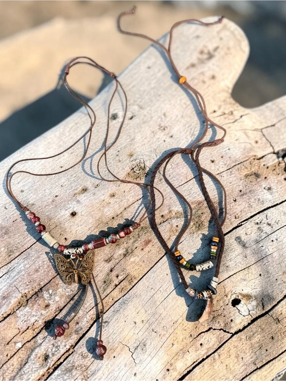 Boho Butterfly & Beaded Layered Necklaces - Brown & Red